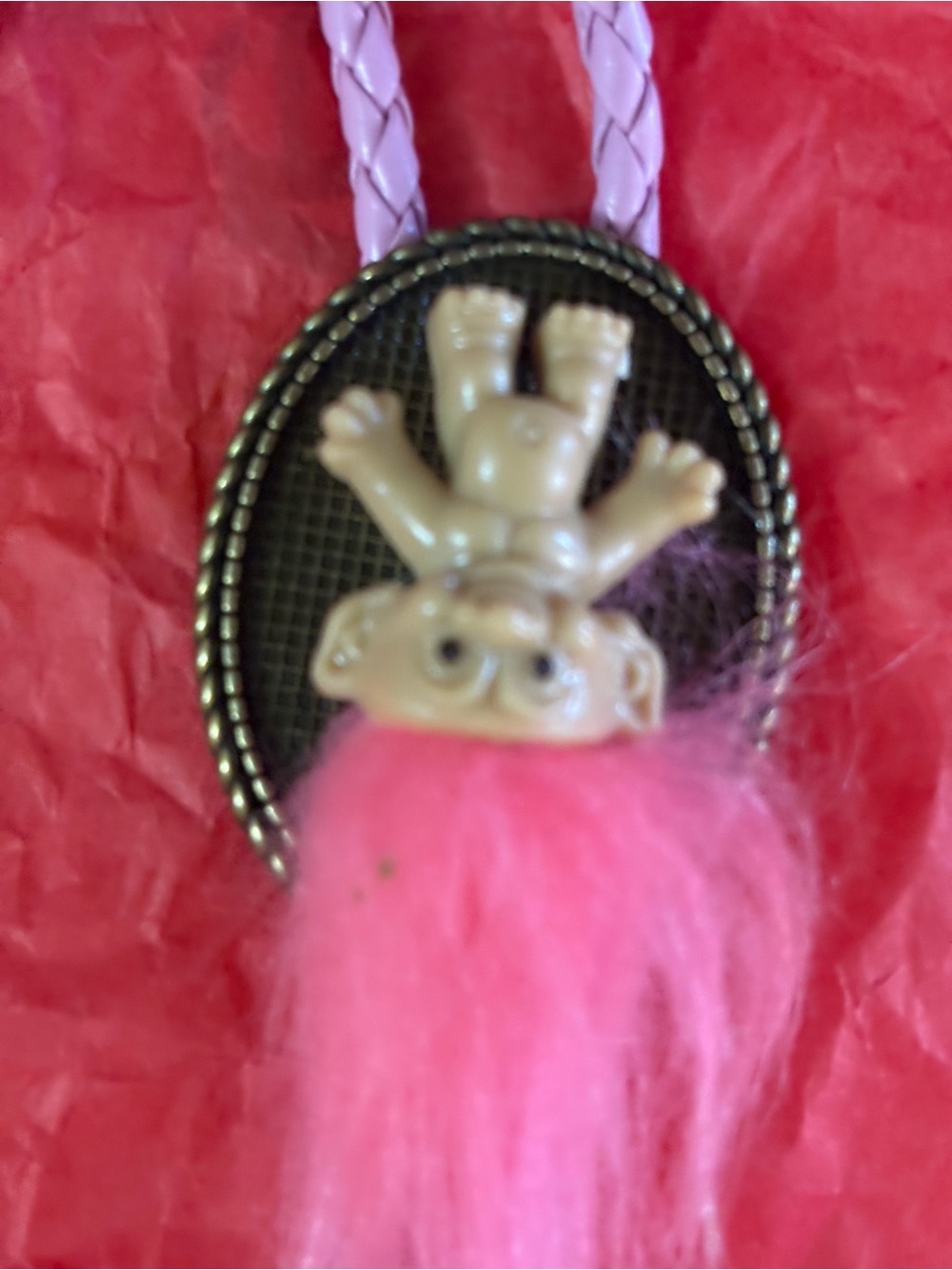 Pink Troll Pendant Necklace with Braided Cord